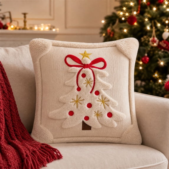 Christmas Pillow Covers, 18x18 Inch Christmas Embroidered Bow Tree Pillow Cover, Plush Tufted Christmas Tree Pillow Covers, Fall Decor Cute Festive Cushion Covers Durable