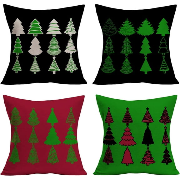 Christmas Pillow Covers 18x18 Inch Christmas Tree Decoration Pillows Farmhouse Pillow Covers Set of 4 Cotton Linen Xmas Trees Pillow Case Indoor Holiday Cushion Cover for Sofa Couch