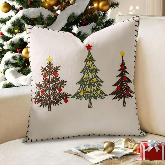 Christmas Pillow Covers 18x18 Inch - Embroidered Tree Throw Pillows for Holiday Decorations - Cushions for Couch, Sofa, Bed, Living Room, Bedroom