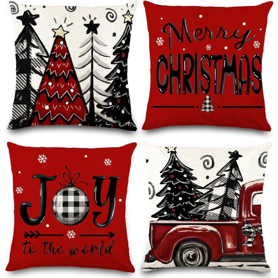 Christmas Pillow Covers 18x18 Inch Red Pillow Covers Christmas Decorations Buffalo Tree Truck Merry Christmas Pillows Winter Holiday Farmhouse Seasonal Throw Case Decor for Sofa Couch