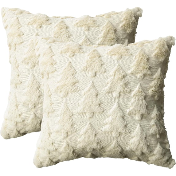Christmas Pillow Covers 18x18 Inch Set of 2, Christmas Tree Plush Faux Fur Pillowcases Soft Decorative Throw Pillow Cases for Couch Sofa Living Room Winter Xmas Holiday Home Decor.Beige