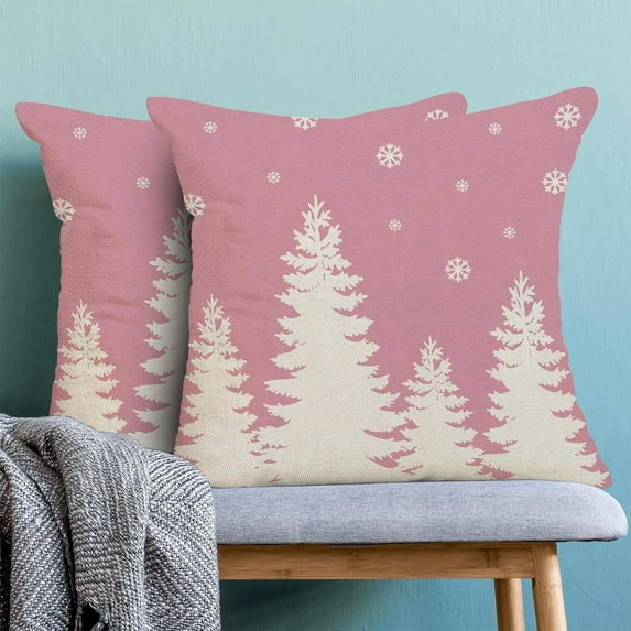 Christmas Pillow Covers 18x18 Inch Set of 2 Pink Cream Christmas Tree Snowflakes Decor Throw Pillows Winter Xmas Holiday Outdoor Cushion Cases for Couch Bed Decorations