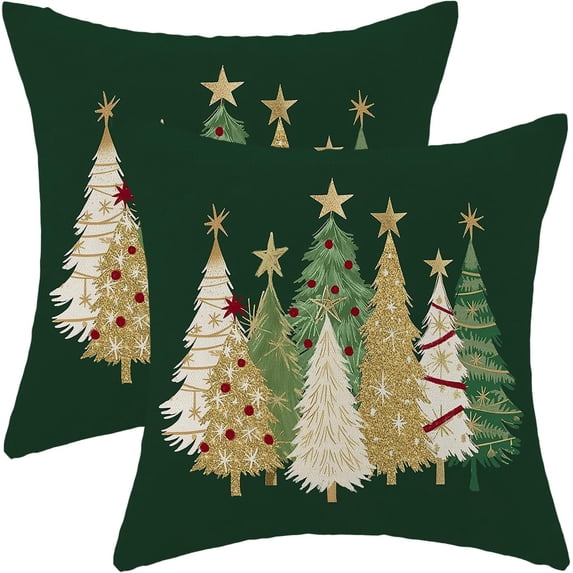 Christmas Pillow Covers 18x18 Inch Set of 2 Sage Green Cream Christmas Trees Throw Pillowscase,Red Golden Star Holiday Outdoor Decorative Farmhouse Winter Decor Cushion Covers for Home Sofa Bed