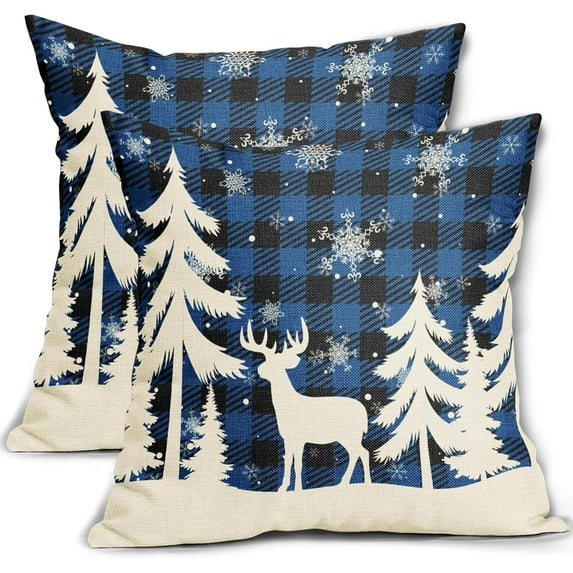 Christmas Pillow Covers 18x18 Inch Set of 2 , Xmas Tree Deer Snowflakes Blue Plaid Rustic Winter Decorative Throw Pillow Cases Outdoor Linen Cushion Cover Holiday Farmhouse Sofa Couch Bed Decor