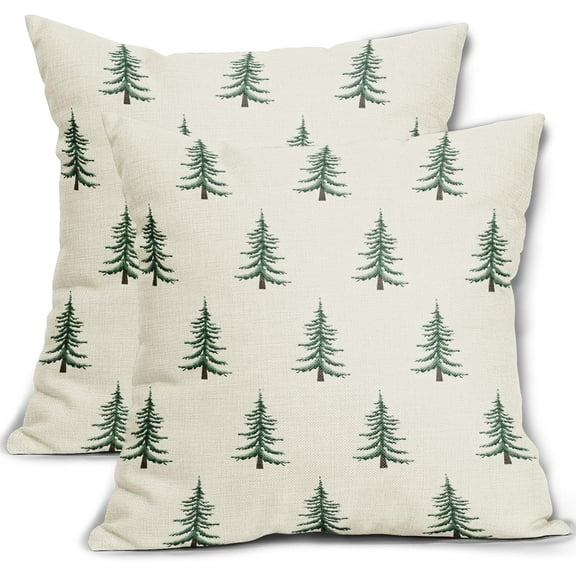 Christmas Pillow Covers 18x18 Inch Set of 2 Xmas Tree Forest Green Cream Decorative Throw Pillowcases Outdoor Winter Farmhouse Holiday Cushion Cases Decor for Sofa Couch Bed