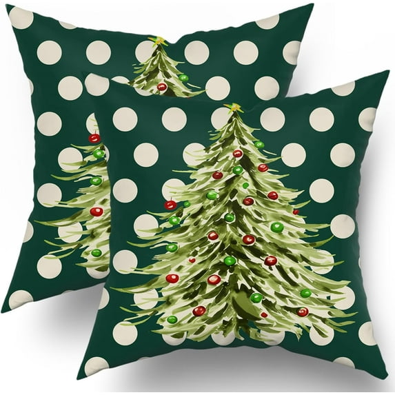 Christmas Pillow Covers 18x18 Inch Set of 2, Xmas Tree Green Red Colored Polka Dots Decorative Throw Pillow Cases Cushion Covers Winter Themed Holiday Decoration Gift Farmhouse Sofa Couch Bed Decor