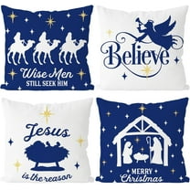 Christmas Pillow Covers 18x18 Inch Set of 4 Nativity Religious Pillow Case Blue and White Christmas Xmas Winter Home Decor Living Room House Decorative Cushion Case for Sofa Couch