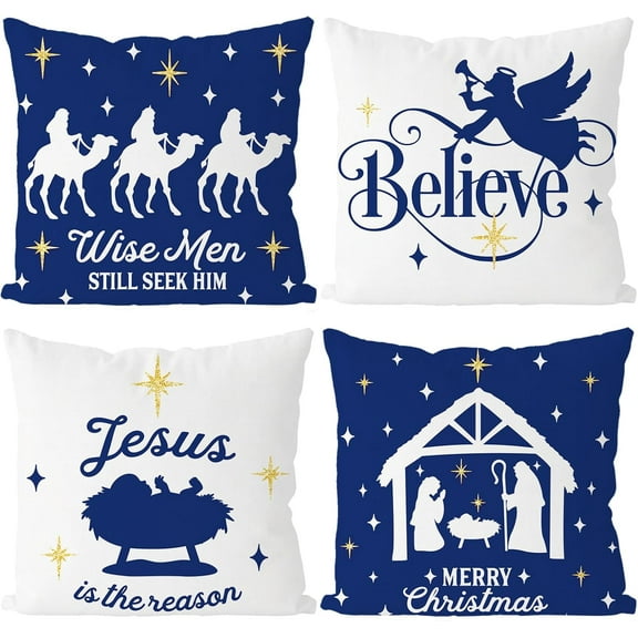 Christmas Pillow Covers 18x18 Inch Set of 4 Nativity Religious Pillow Case Blue and White Christmas Xmas Winter Home Decor Living Room House Decorative Cushion Case for Sofa Couch