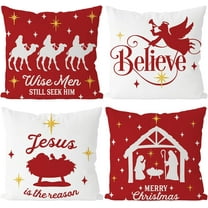 Christmas Pillow Covers 18x18 Inch Set of 4 Nativity Religious Throw Pillow Covers Red And White Christmas Xmas Winter Pillowcase Home Decor Living Room House Decorative Cushion Case for Sofa Couch