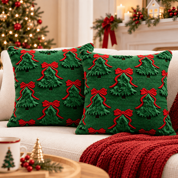Christmas Pillow Covers 18x18, Pack of 2 3D Christmas Tree Textured Throw Pillow Covers, Winter Holiday Decorations for Couch Sofa Living Room