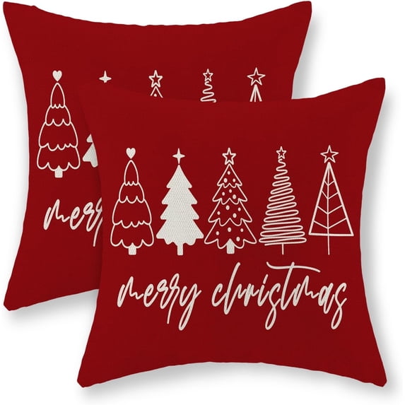 Christmas Pillow Covers 18x18 Set of 2 Christmas Decor Linen Pillowcase Winter Christmas Decorative Red Throw Pillows Christmas Tree Holiday Decor Outdoor Cushion Covers for Couch Home Decor