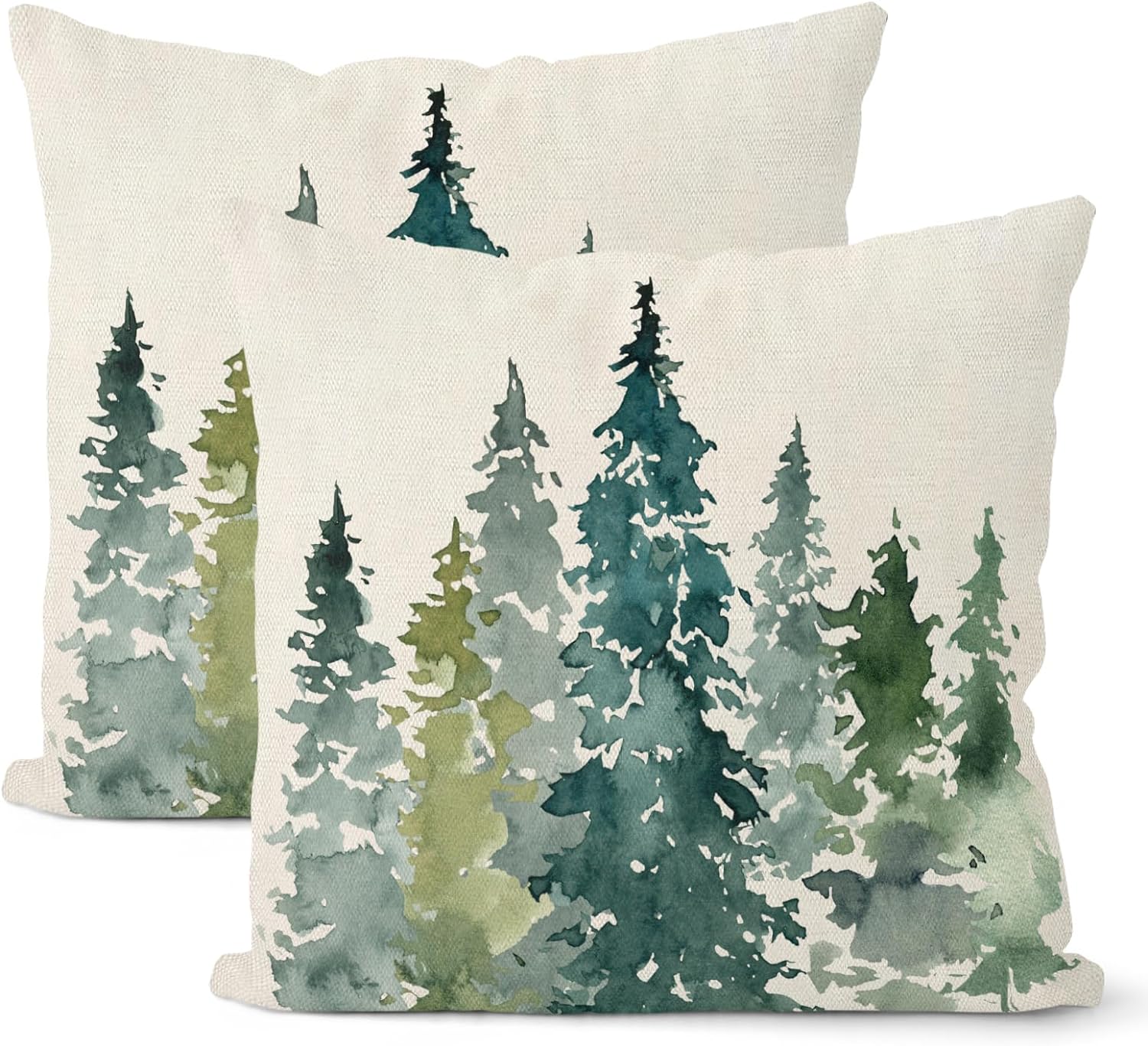 Christmas Pillow Covers 18x18 Set of 2, Green Watercolor Tree Christmas Decor Throw Pillow Covers Linen Farmhouse Winter Nature Themed Rustic Forest Cushion Case for Couch Sofa Home Outdoor