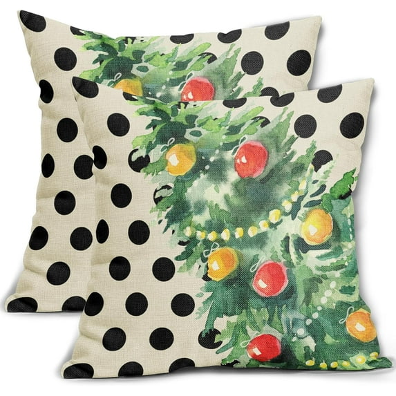 Christmas Pillow Covers 18x18 Set of 2 Green Xmas Tree Black Polka Dot Print Decorative Outdoor Pillowcases Winter Holiday Farmhouse Throw Cushion Case Decor for Couch Sofa Bed