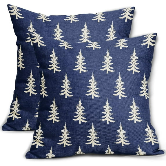 Christmas Pillow Covers 18x18 Set of 2 Navy Blue Xmas Tree Rustic Style Winter Print Decorative Outdoor Pillowcases Holiday Decorations Throw Cushion Case Decor for Couch Sofa Bed