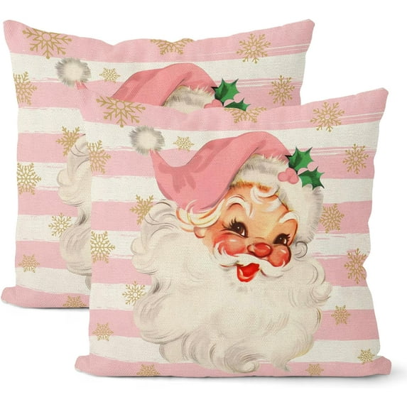 Christmas Pillow Covers 18x18 Set of 2, Pink Stripes Cute Santa Claus Throw Pillow Covers Linen Farmhouse Winter Pink Christmas Cushion Case Christmas Decorations for Home Couch Sofa Outdoor