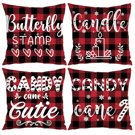Christmas Pillow Covers 18x18 Set of 4 Christmas Throw Pillow Covers for Sofa Bedroom,Farmhouse Black and Red Buffalo Plaid Christmas Decorations Cushion Covers for Home Farmhouse Christmas Decor