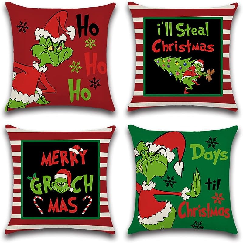Christmas Pillow Covers 18x18 Set of 4 for Christmas Decorations,Grinch Christmas Decorations