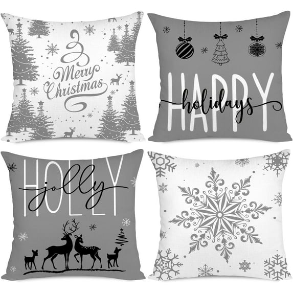 Christmas Pillow Covers 18x18 Set of 4 Farmhouse Christmas Decorations Happy Holidays Holly Jolly Snowflake Merry Christmas Decor Pillow Cover Cushion Case for Couch Sofa(Grey)