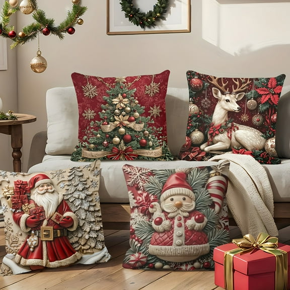 Christmas Pillow Covers 18x18 Set of 4 - Farmhouse Decorations With Snowman, Wreath, Santa Claus, Tree - Merry Christmas Winter Holiday Decor Throw Cushion Case for Home Couch