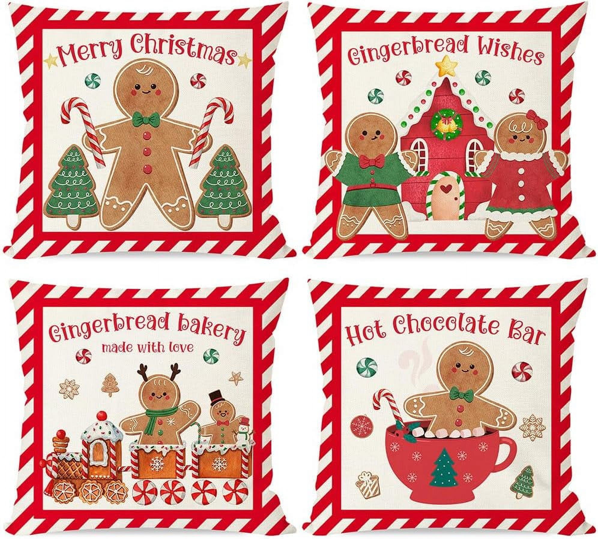 Set Of 4 Merry Christmas Throw Pillow Covers - 18x18 Inch, Red/Green Holiday Designs, Cotton Linen