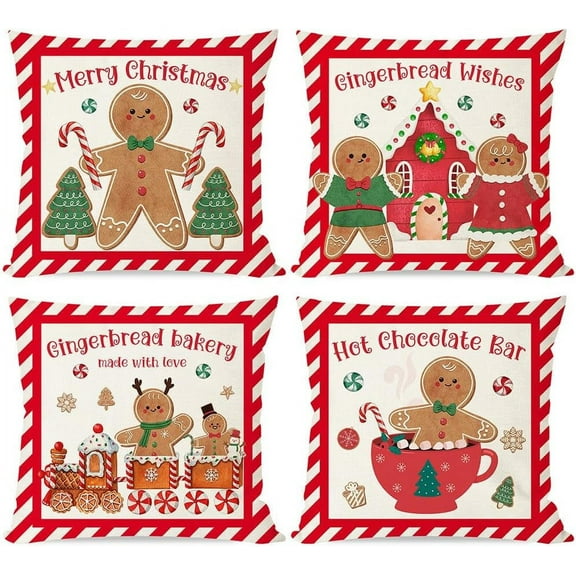Christmas Pillow Covers 18x18 Set of 4 Gingerbread Man House Candy Cane Christmas Decorations Hot Cocoa Red Green Winter Holiday Decorative Throw Pillow Case for Home Couch Living Room Decor