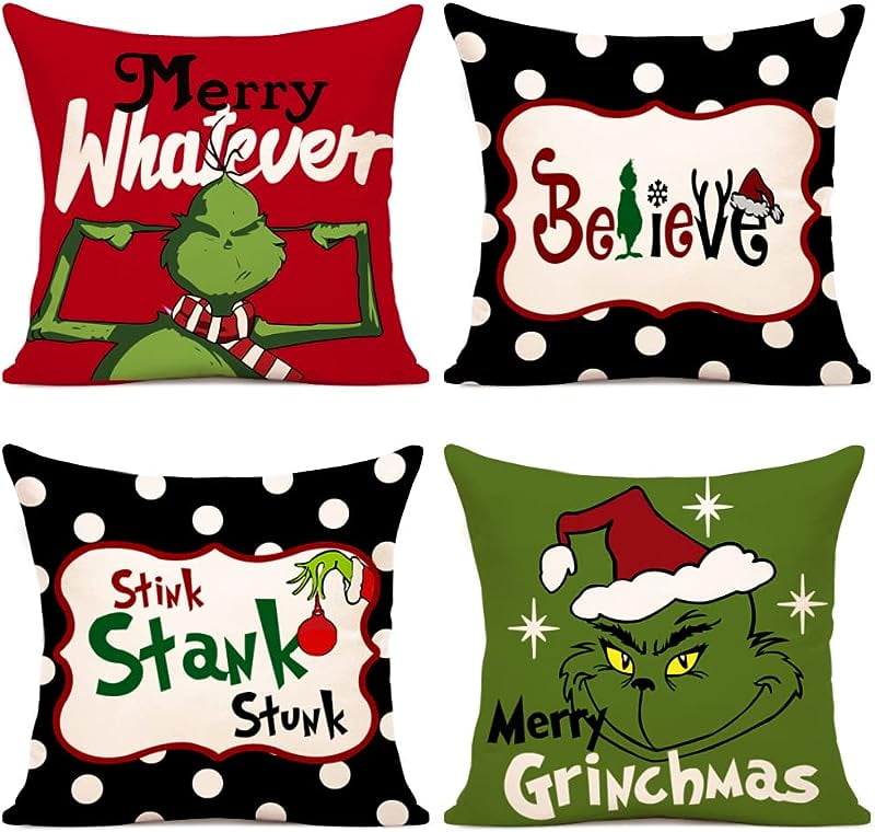 Christmas Pillow Covers 18x18 Set of 4 for Grinch Christmas Pillows Christmas Decorations Xmas