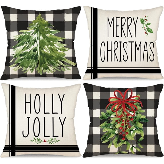 Christmas Pillow Covers 18x18 Set of 4 Merry Christmas Throw Pillow Covers Buffalo Plaid Christmas Pillows Farmhouse Christmas Decorations Winter Holiday Decor Cushion Case for Home Couch