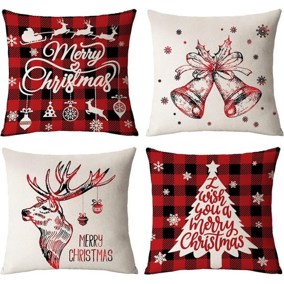 Christmas Pillow Covers 18x18 Set of 4 Red Green Xmas Decorative Throw Pillows Christmas Tree Deer Santa Pillow Cases Home Outdoor Sofa Couch Cushion Covers for Christmas Decorations (18 by 18)