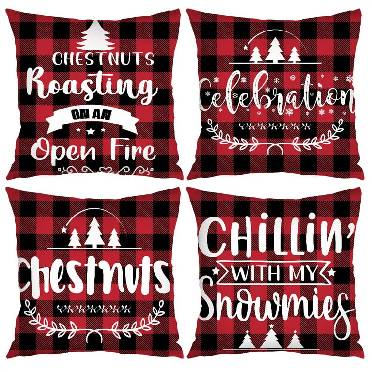 Christmas Pillow Covers 18x18, Set of 4 Rustic Christmas Decorations Red  Buffalo Plaid Pillow Covers Outdoor Winter Throw Pillows Linen Decorative