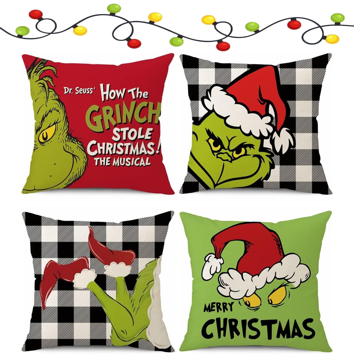 Christmas Pillow Covers 18x18 Set of 4 Throw Covers Grinch Pillow Case