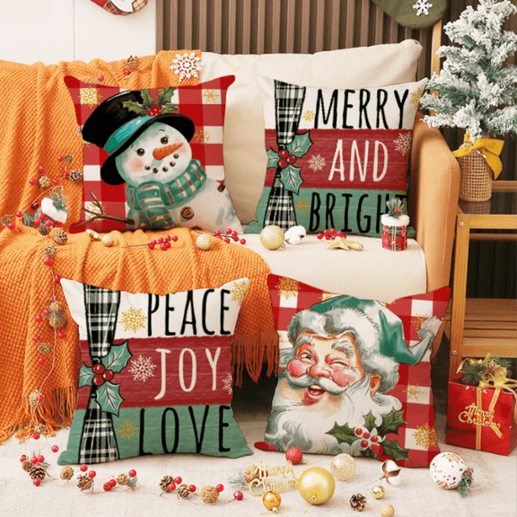 Christmas Pillow Covers, 18x18 Set of 4 ,  Xmas Pillow Covers DecorSnowman printed decorative cushion, Winter Pillowcase Decorative Throw Cushion Case for Sofa Caces
