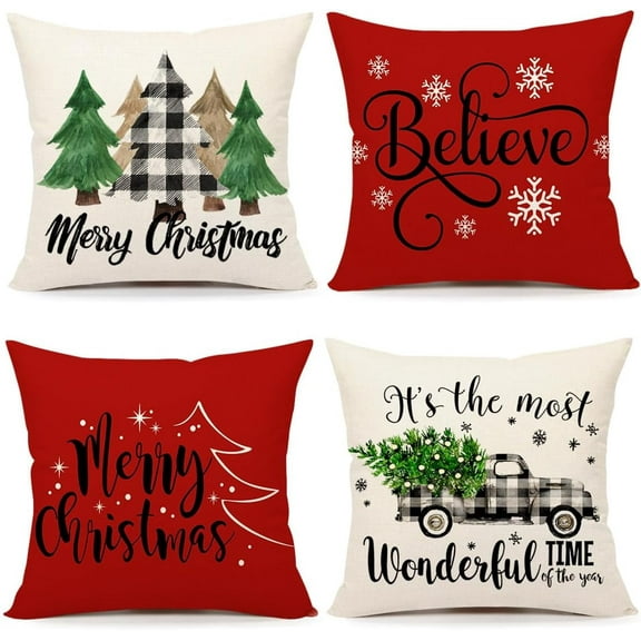 Christmas Pillow Covers 18x18 Set of 4 Red White Farmhouse Xmax Decorations Winter Holiday Decor Throw Cushion Case for Home Couch