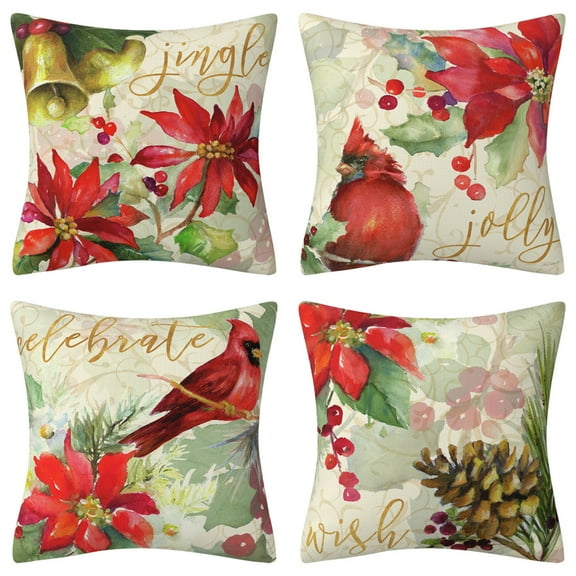 Christmas Pillow Covers 18x18 Set of 4 for Christmas Decorations Poinsettia Red Bird Winter Merry Christmas Pillow Covers for Coach Sofa Decor