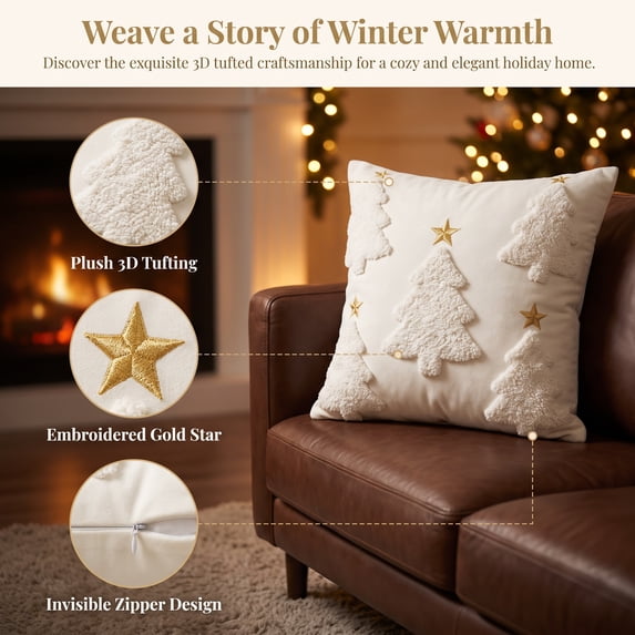 Christmas Pillow Covers 18x18 Star Tree Embroidered Decorative Throw Cushion Cases, Soft Holiday Pillow Covers for Couch Sofa Bed Christmas Home Decor by PALIFEUR