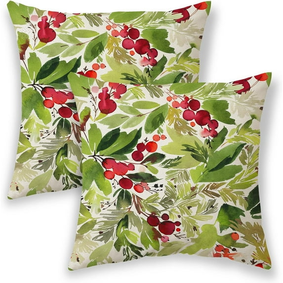 Christmas Pillow Covers 18x18, Watercolor Holly Outdoor Decorative Throw Pillows for Couch, Green Winter Xmas Decor Cushion Cover 2 Pcs Farmhouse Linen Pillowcase for Bed Car Safa