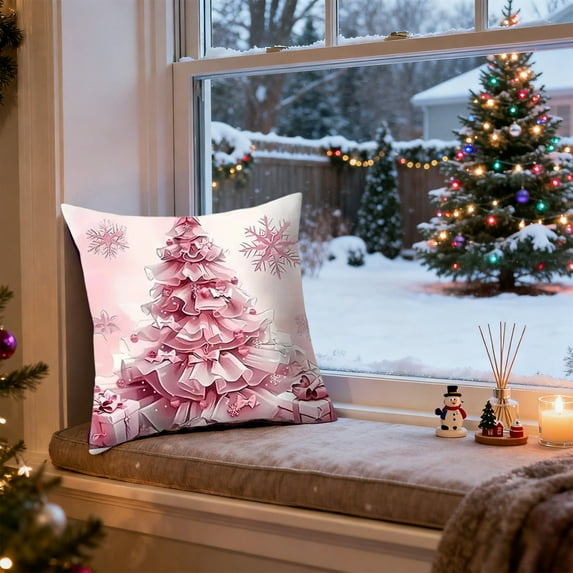 Christmas Pillow Covers 18x18 inch Christmas Tree Design, Soft Pink Square Cushion Cover for Sofa Chair, Living Room Holiday Decor A