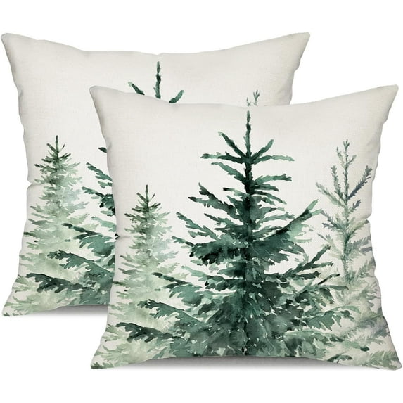 Christmas Pillow Covers 18x18 inch Set of 2 Watercolor Blue Green Christmas Tree Rustic Style Nature Forest Print Decorative Throw Pillows Winter Christmas Decor 32