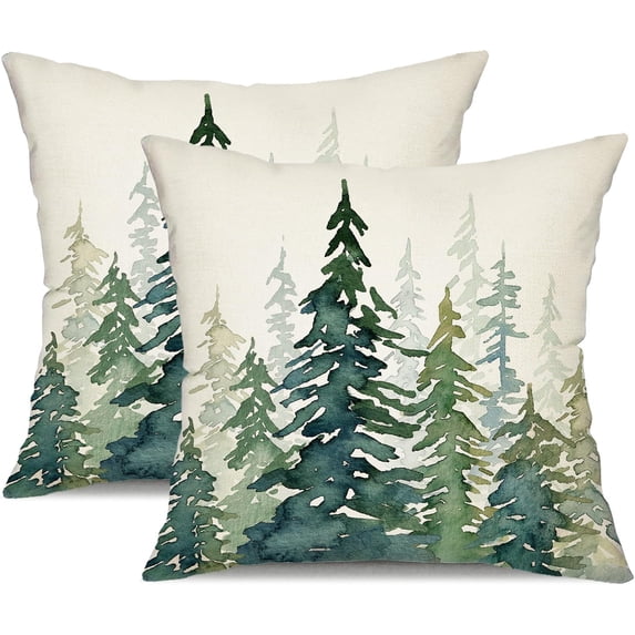 Christmas Pillow Covers 18x18 inch Set of 2 Watercolor Blue Green Christmas Tree Rustic Style Nature Forest Print Decorative Throw Pillows Winter Christmas Decor TH-32B18