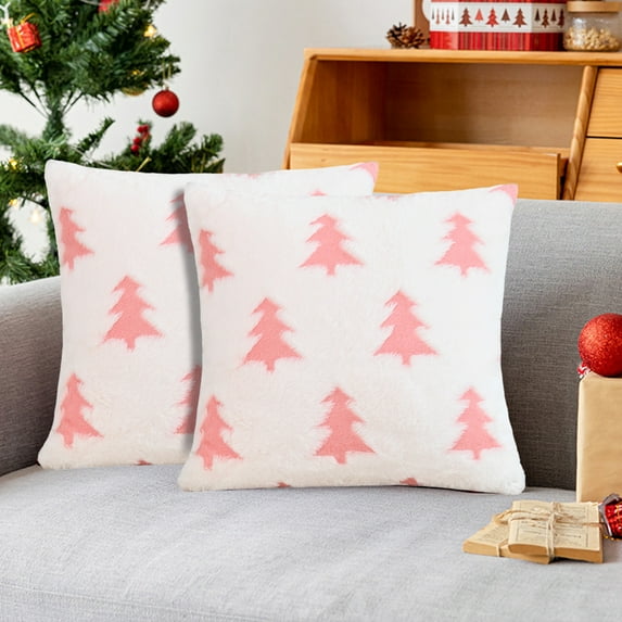 Christmas Pillow Covers 18x18 inch Set of 2 White Xmas Tree Pillowcase with Hidden Zipper, Soft Plush Faux Fur Decorative Cushion Covers for Sofa Living Room Home Decor, Pink, 17.7x17.7 inch