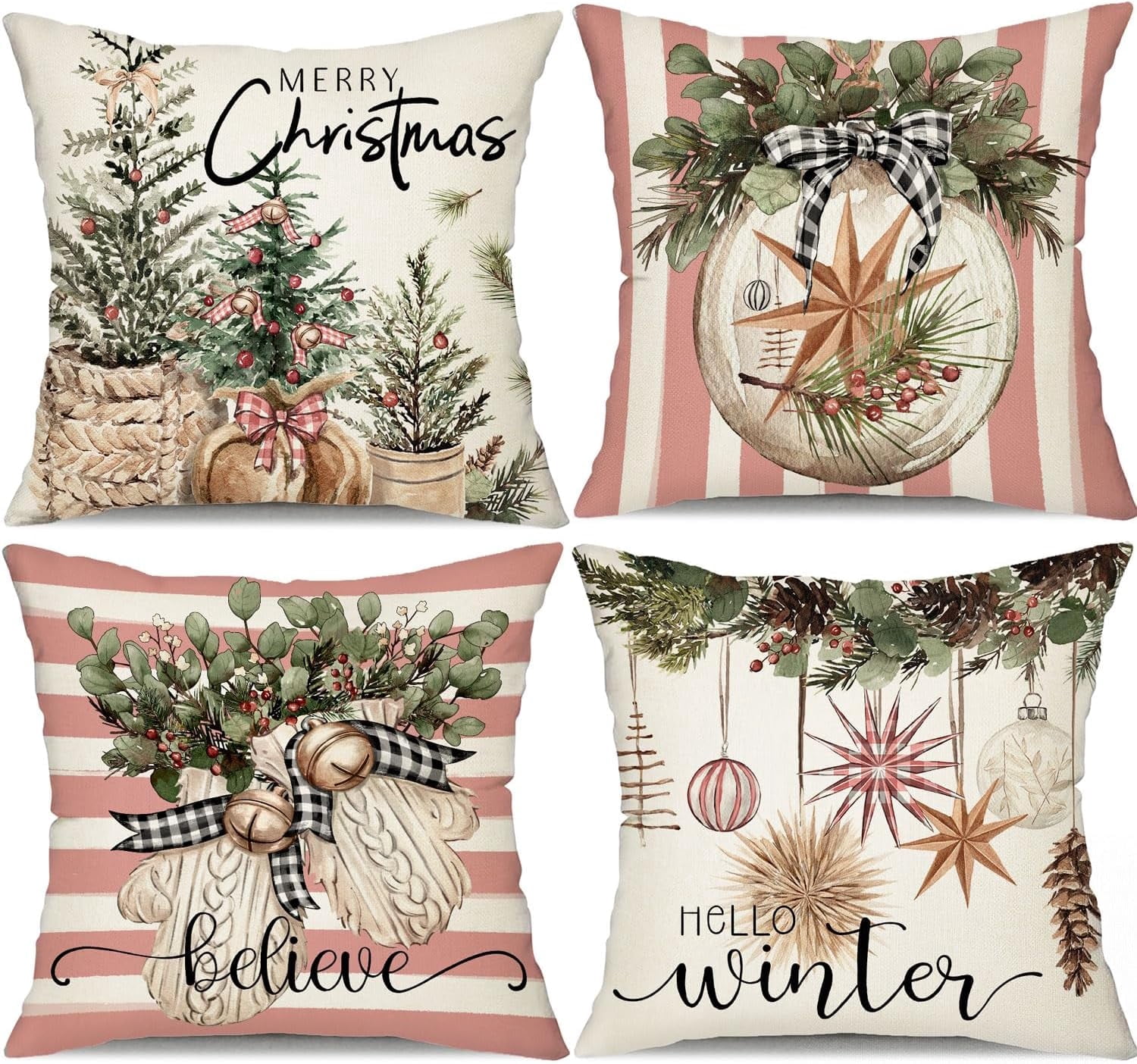 Christmas Pillow Covers 18x18 inch Set of 4 Christmas Tree Gloves Hello Winter Decorative Pink White Stripe Throw Pillow Covers Winter Farmhouse Decoration for Home Couch