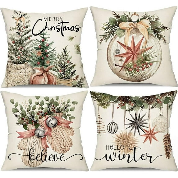 Christmas Pillow Covers 18x18 inch Set of 4 Christmas Tree Gloves Hello Winter Decorative Red White Stripe Throw Pillow Covers Winter Farmhouse Decoration for Home Couch 134