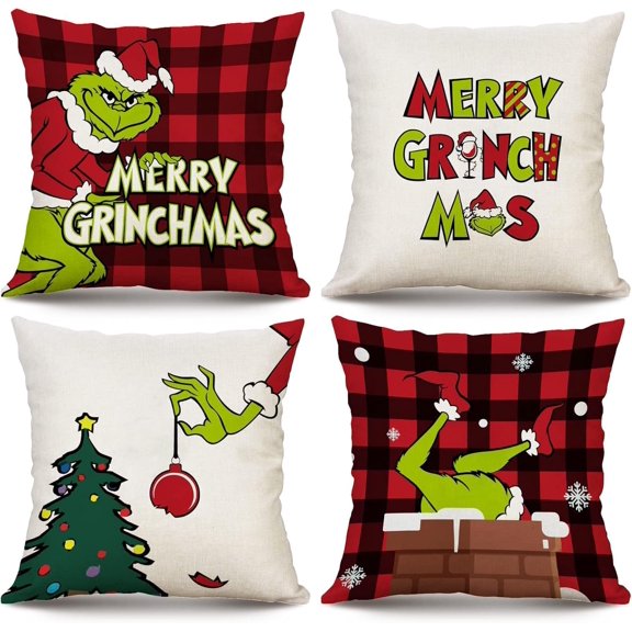 Christmas Pillow Covers 18x18 inch Set of 4 for Decorations Red Buffalo Plaid Pillows Xmas Cushion Case Winter Holiday Merry Throw Farmhouse Decor Couch