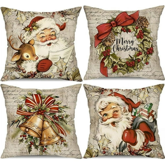 Christmas Pillow Covers 18x18 inch Set of 4 Santa Claus Reindeer Decorative Vintage Throw Pillow Covers Winter Retro Farmhouse Decoration for Home Couch BTHZ-140B18