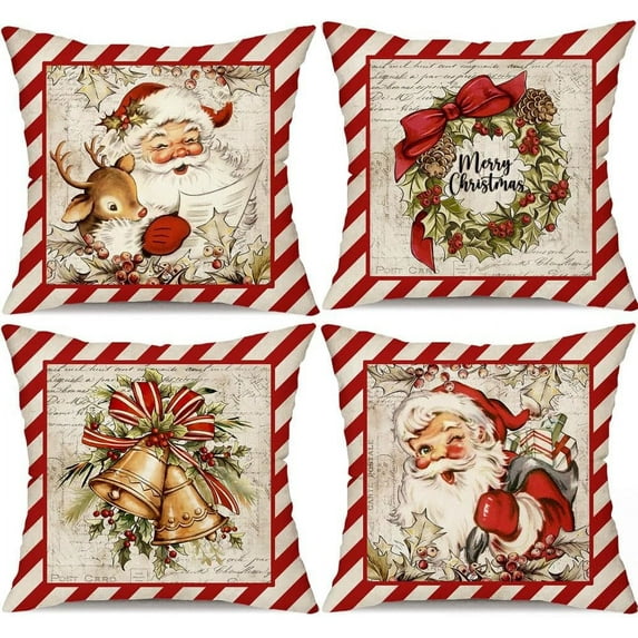 Christmas Pillow Covers 18x18 inch Set of 4 Santa Claus Reindeer Decorative Vintage Throw Pillow Covers Winter Retro Farmhouse Decoration for Home Couch BTHZ-140B18