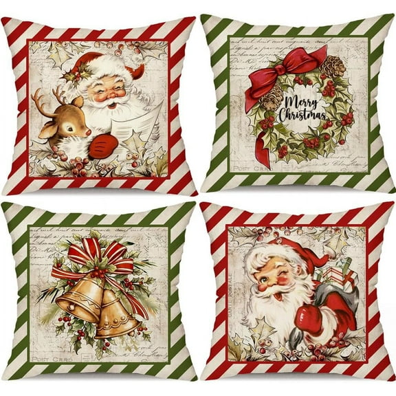 Christmas Pillow Covers 18x18 inch Set of 4 Santa Claus Reindeer Decorative vintage Throw Pillow Covers Winter retro Farmhouse Decoration for Home couch BTHZ-140C18
