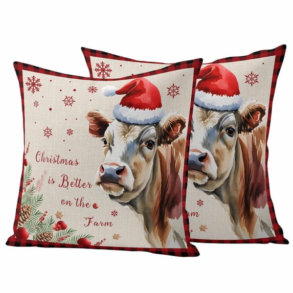 Christmas Pillow Covers 2 Pack Cow Farmhouse Snowflake Berry Snowflake Pillowcase Waterproof Outdoor Throw Pillow Cover for Patio Garden Square Cushion 24”x24”