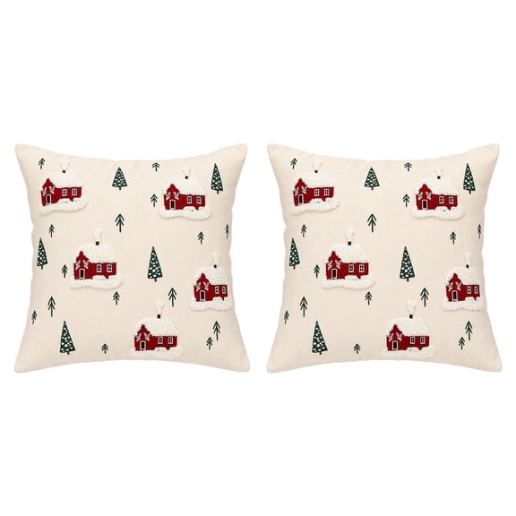 Christmas Pillow Covers 2 Pack, Red House Snow Embroidered Decorative Cushion Covers with Hidden Zipper for Couch, Sofa and Living Room