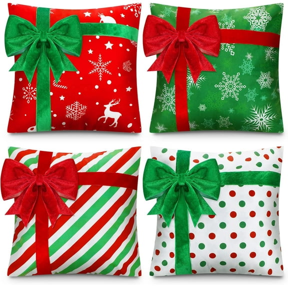 Christmas Pillow Covers 20 x 20 Inch Set of 4 Farmhouse Xmas Throw Pillow Cases Gift Box Style Red Green White Snowflake Bow Decoration for Couch Holiday Sofa Cushion Decor