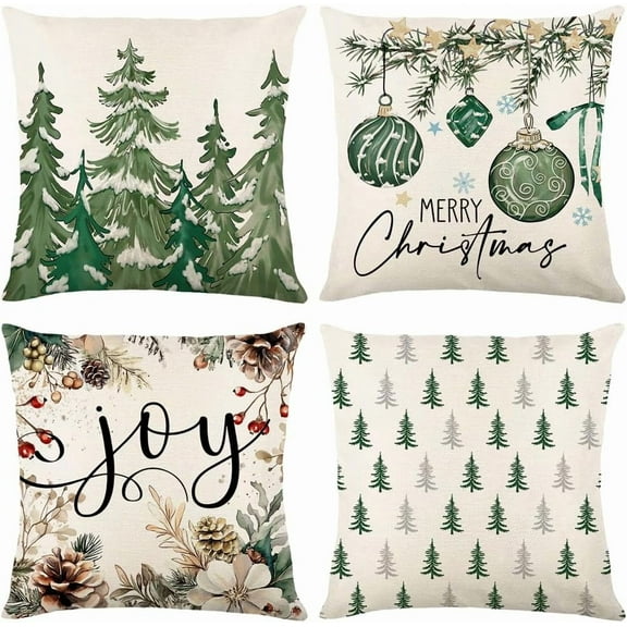 Christmas Pillow Covers 20 x 20 Inch Set of 4 Merry Christmas Trees Snowflake Joy Throw Pillow Covers Xmas Winter Holiday Decorative Pillow Covers Cushion Cases Decoration for Sofa Couch