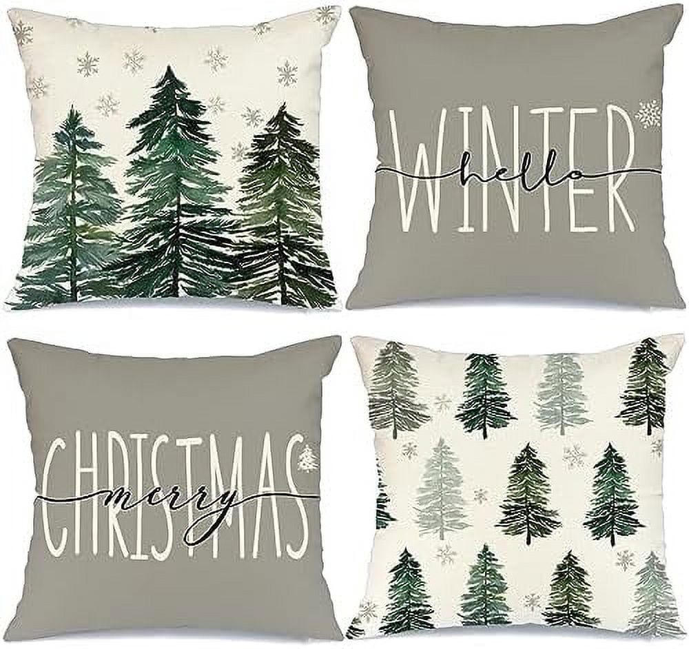 Christmas Pillow Covers 20 x 20 Inch Set of 4 Grey Merry Xmas Tree Snow